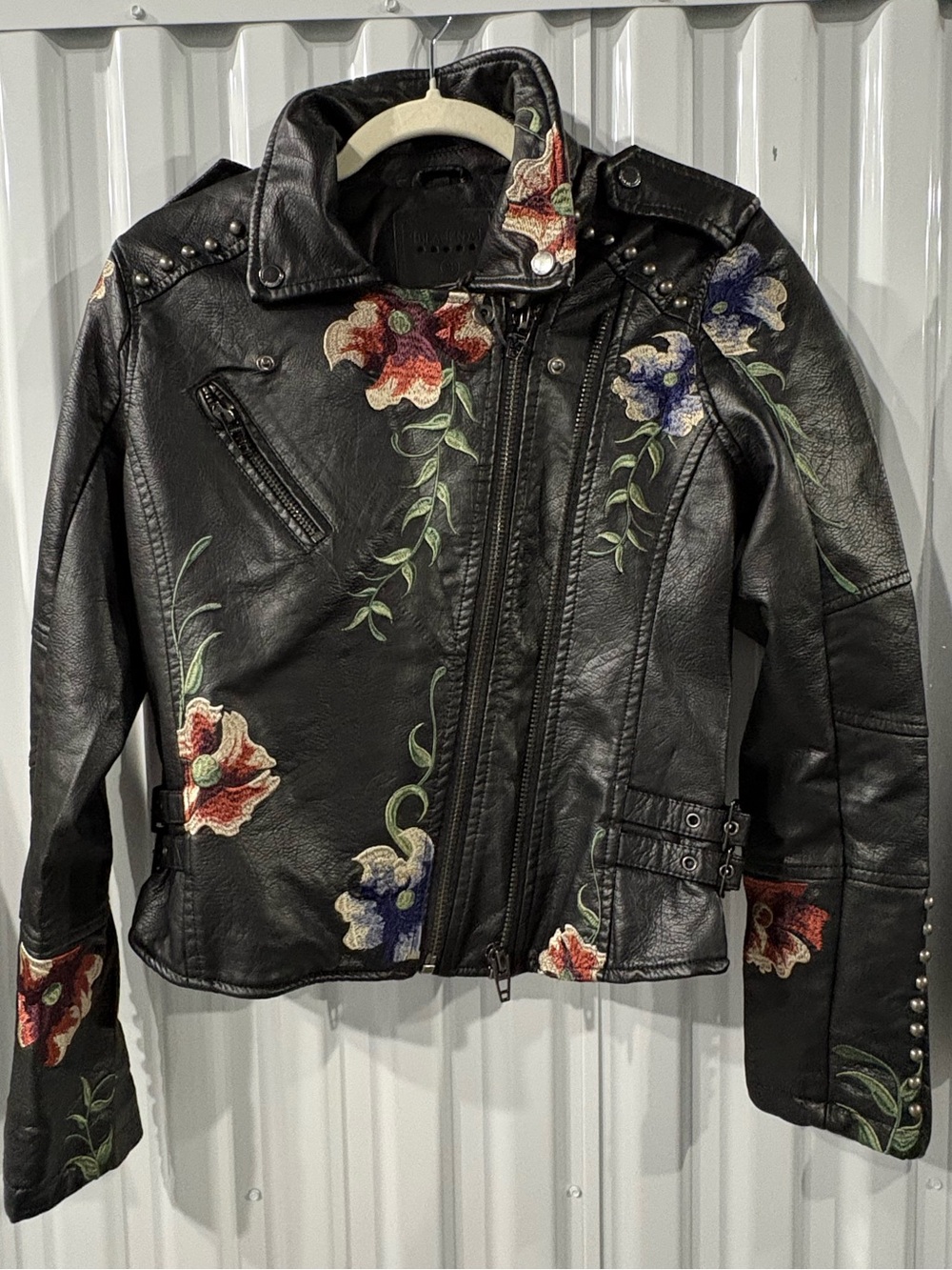 BlankNYC Floral Embroidered Faux Leather Moto Jacket | Studded | Black | Size S